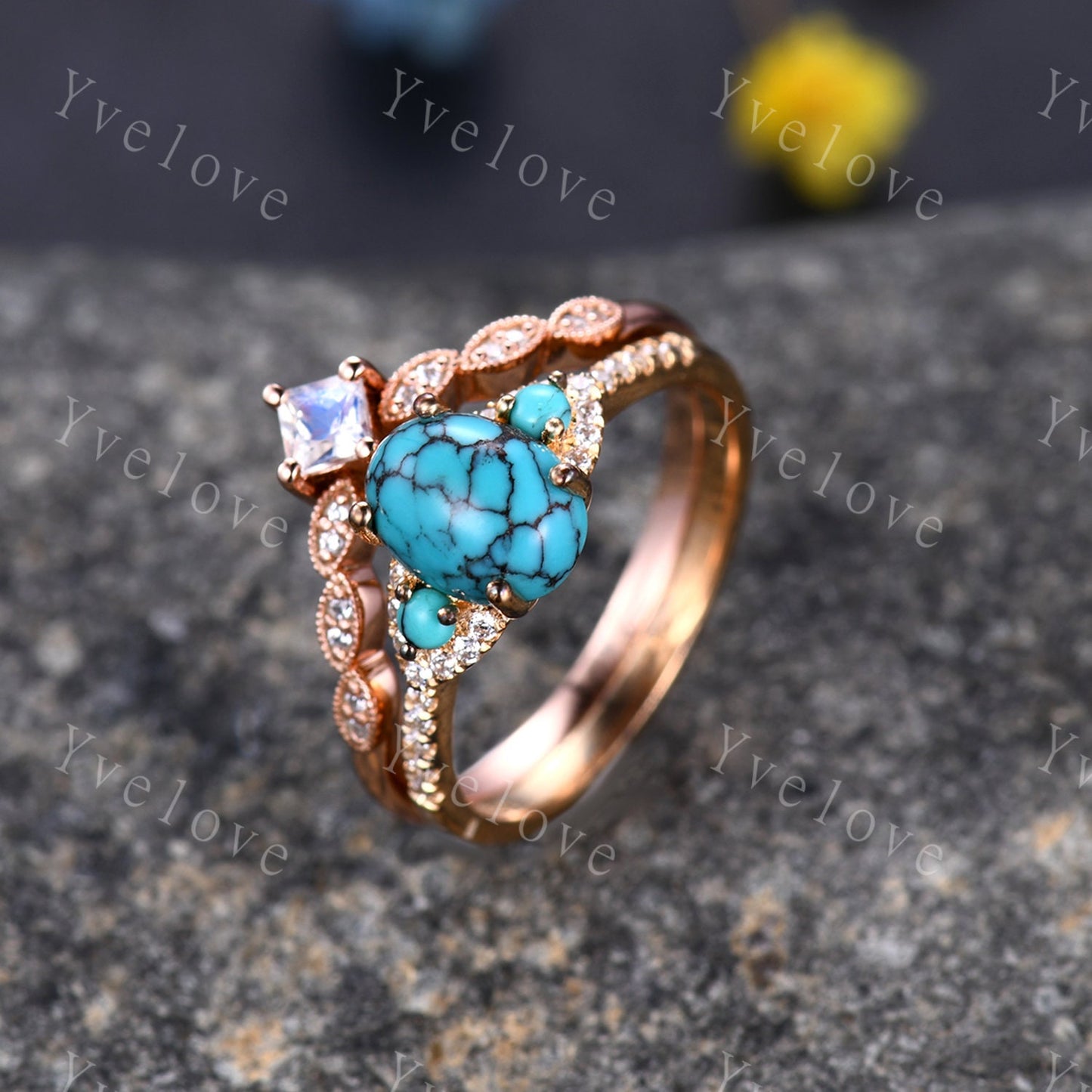 Turquoise Ring Set 14k Rose Gold Turquoise Engagement Ring Set Moonstone Stacking Band December Birthstone  Diamond Wedding Band Women Gift