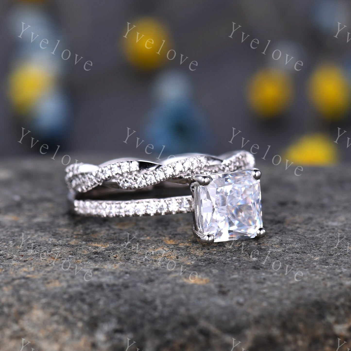 Moissanite ring set princess cut moissanite engagement ring full eternity moissanite wedding band ring set 14k white gold bridal ring set