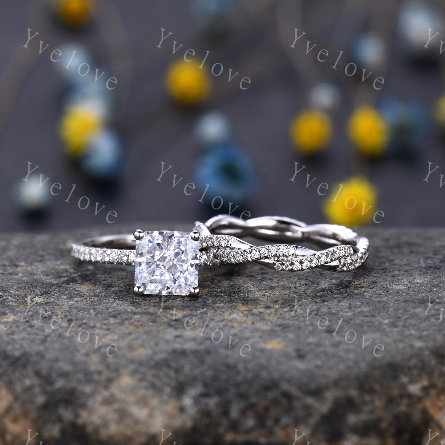 Moissanite ring set princess cut moissanite engagement ring full eternity moissanite wedding band ring set 14k white gold bridal ring set