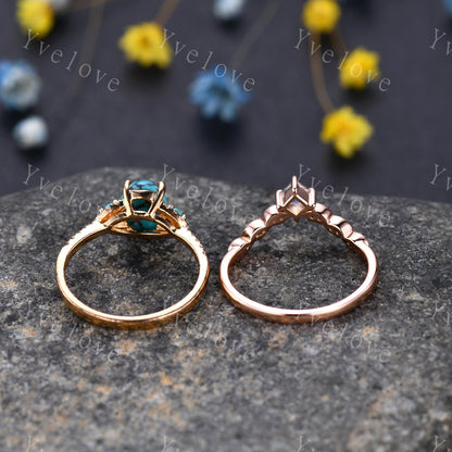 Turquoise Ring Set 14k Rose Gold Turquoise Engagement Ring Set Moonstone Stacking Band December Birthstone  Diamond Wedding Band Women Gift