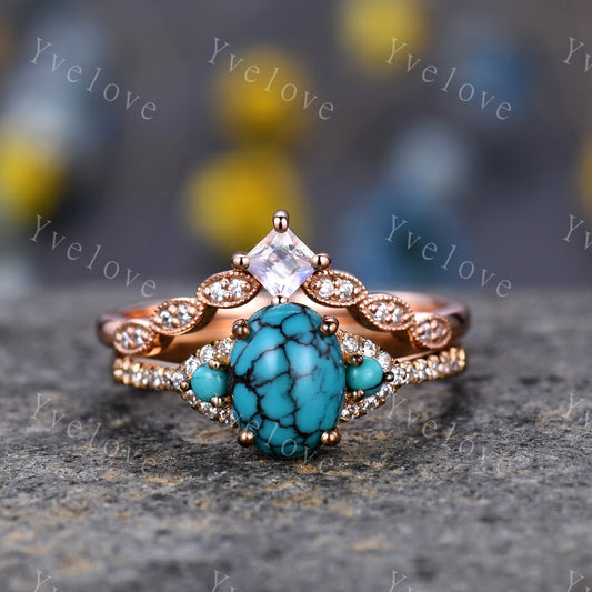 Turquoise Ring Set 14k Rose Gold Turquoise Engagement Ring Set Moonstone Stacking Band December Birthstone  Diamond Wedding Band Women Gift