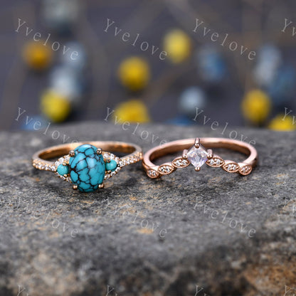 Turquoise Ring Set 14k Rose Gold Turquoise Engagement Ring Set Moonstone Stacking Band December Birthstone  Diamond Wedding Band Women Gift