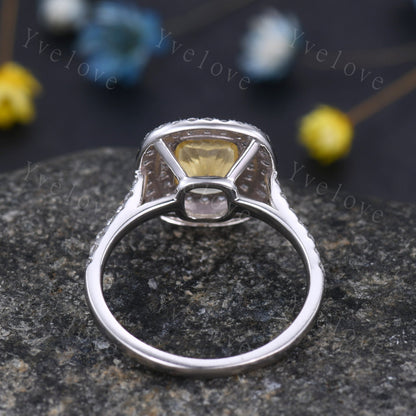 Doule halo Citrine engagement ring 14k white gold Emerald cut yellow citrine wedding ring diamond band November birthstone anniversary ring