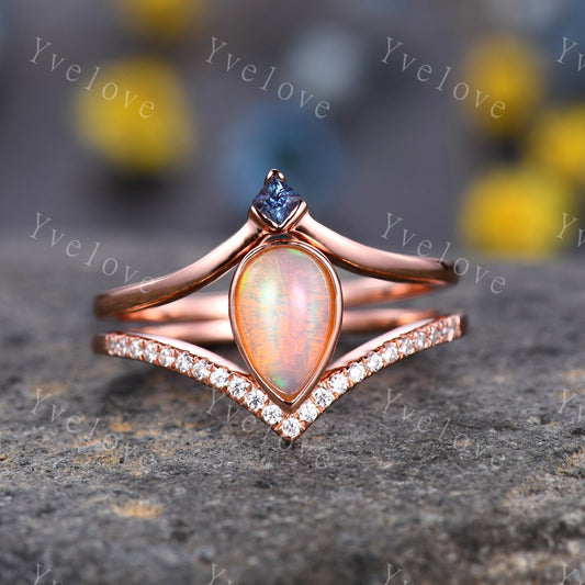 Natural Opal Ring, Opal Wedding Ring Set, 2mm Alexandrite band, Rose Gold Opal Engagement Ring, Plain Band, October Birthstone Gift Jewelry