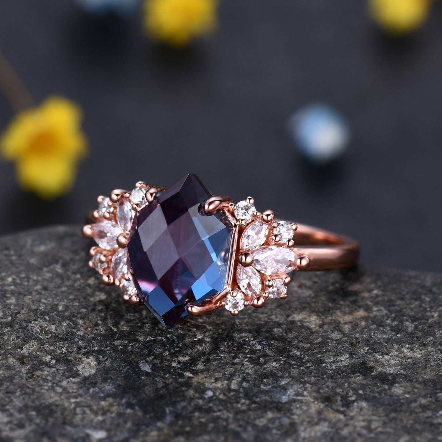 Vintage Alexandrite engagement ring,Unique Hexagon Cut  Cluster CZ Diamond Ring,Bridal Wedding Ring For Women Jewelry Gift,Statement Ring