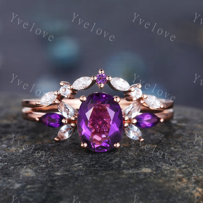 Oval Purple Amethyst Bridal Ring Set,Moissanite Amethyst Wedding Ring Set,White gold,Bridal Ring Curved Wedding Band,Color Engagement Ring