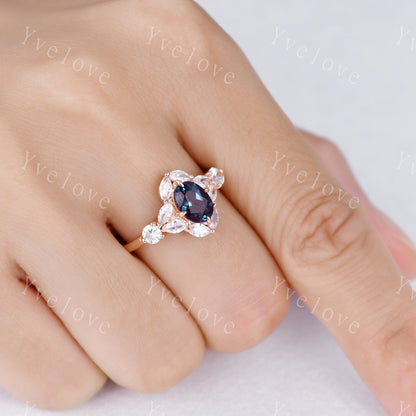 Retro Oval Cut Alexandrite Engagement Ring 10K 14K 18K Rose Gold Women Marquise Moissanite Ring Halo Ring Wedding Ring Bridal Ring Marry Her