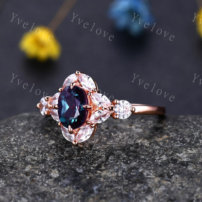 Retro Oval Cut Alexandrite Engagement Ring 10K 14K 18K Rose Gold Women Marquise Moissanite Ring Halo Ring Wedding Ring Bridal Ring Marry Her