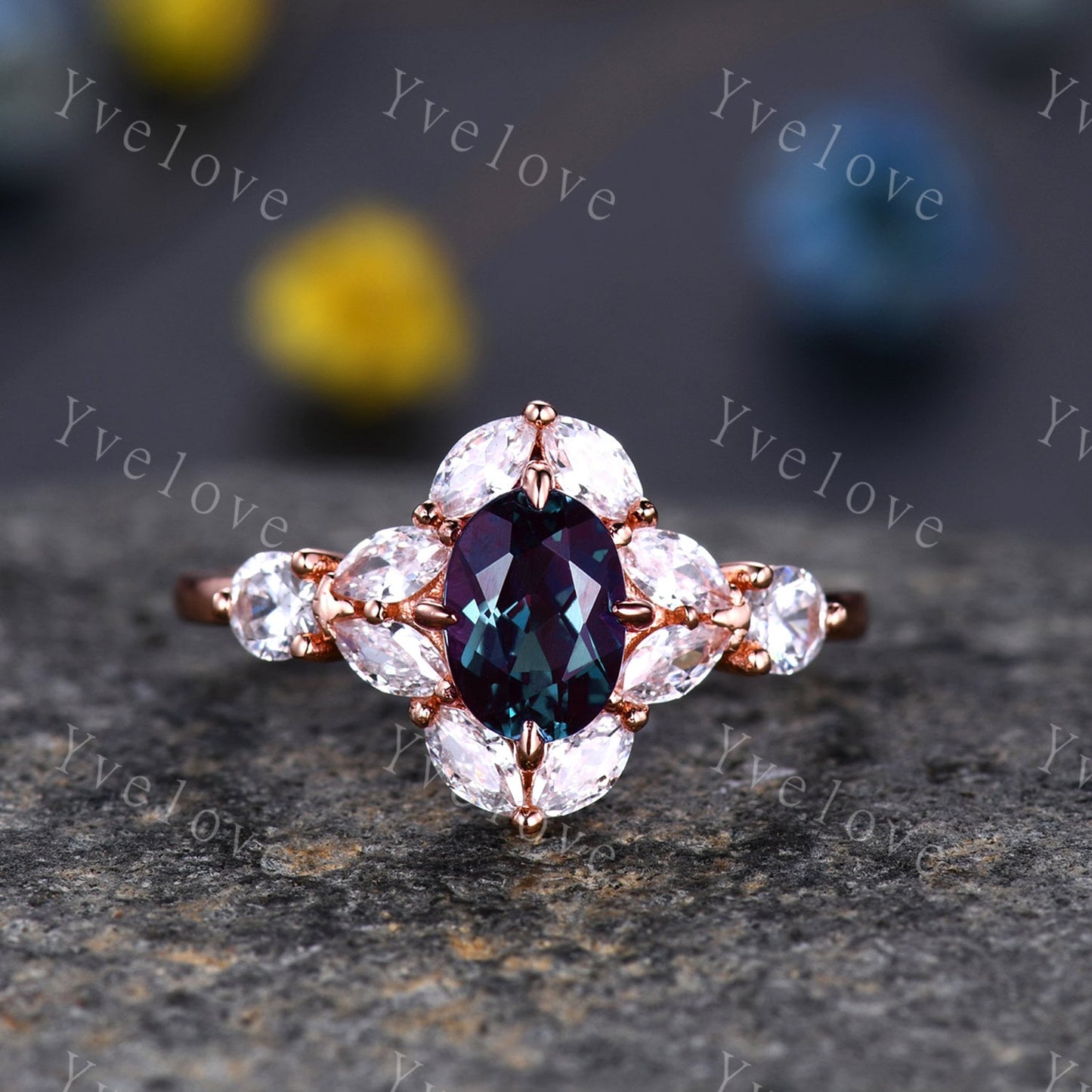 Retro Oval Cut Alexandrite Engagement Ring 10K 14K 18K Rose Gold Women Marquise Moissanite Ring Halo Ring Wedding Ring Bridal Ring Marry Her