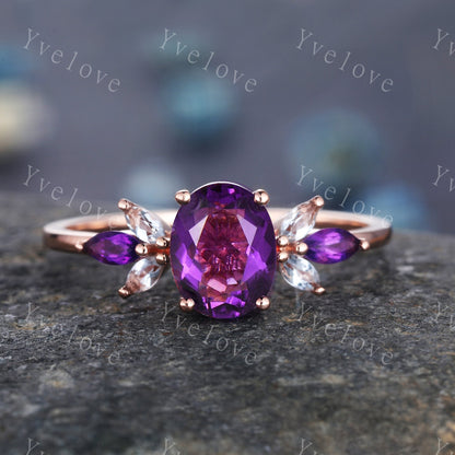 Oval Purple Amethyst Bridal Ring Set,Moissanite Amethyst Wedding Ring Set,White gold,Bridal Ring Curved Wedding Band,Color Engagement Ring