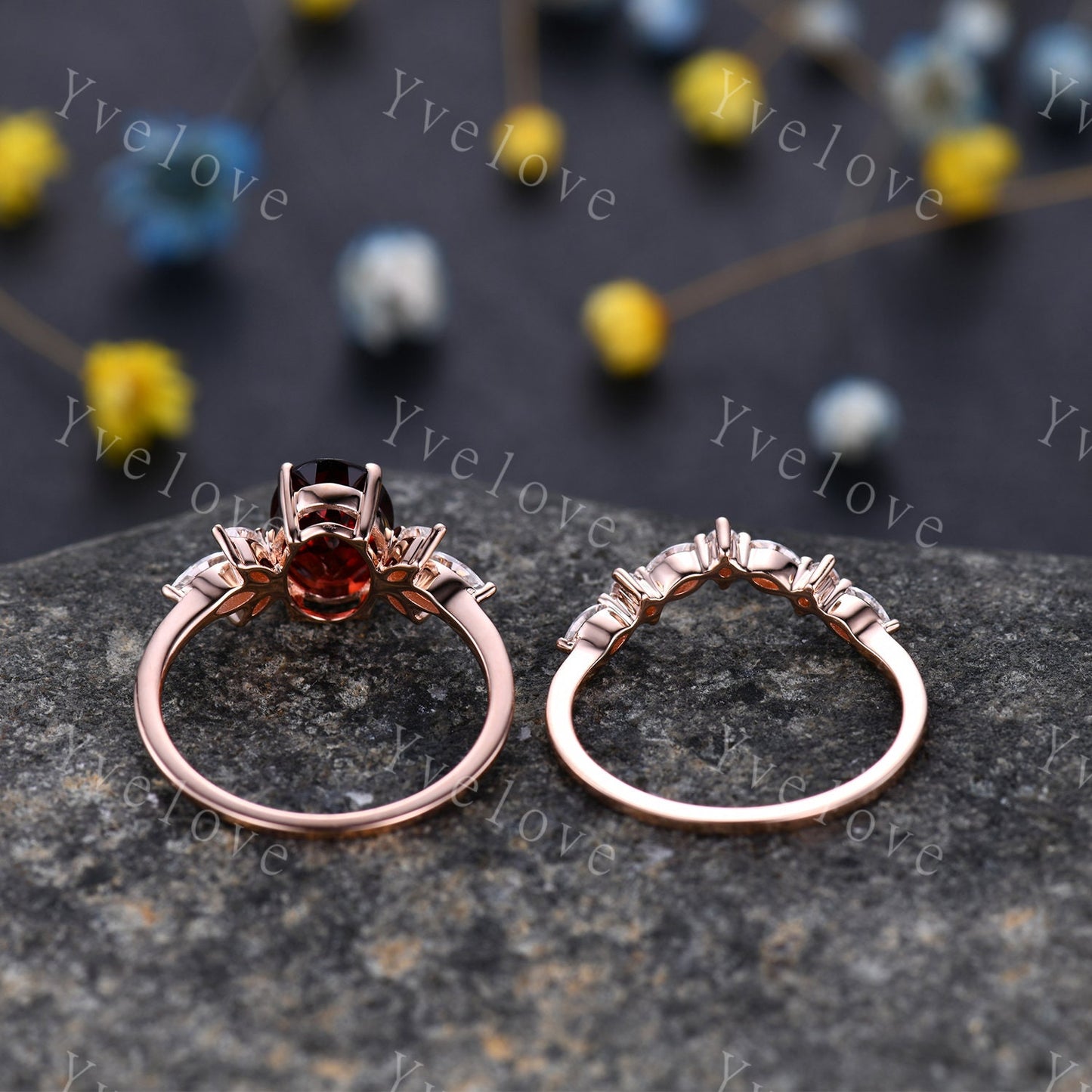 Garnet engagement ring set rose gold art deco ring moissanite stackng matching band women promise ring bridal set anniversary gift