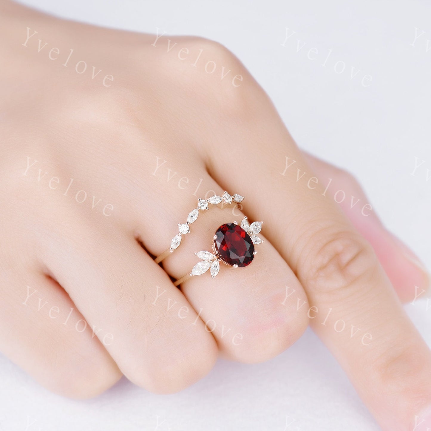 Garnet engagement ring set rose gold art deco ring moissanite stackng matching band women promise ring bridal set anniversary gift