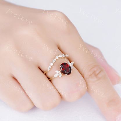 Garnet engagement ring set rose gold art deco ring moissanite stackng matching band women promise ring bridal set anniversary gift