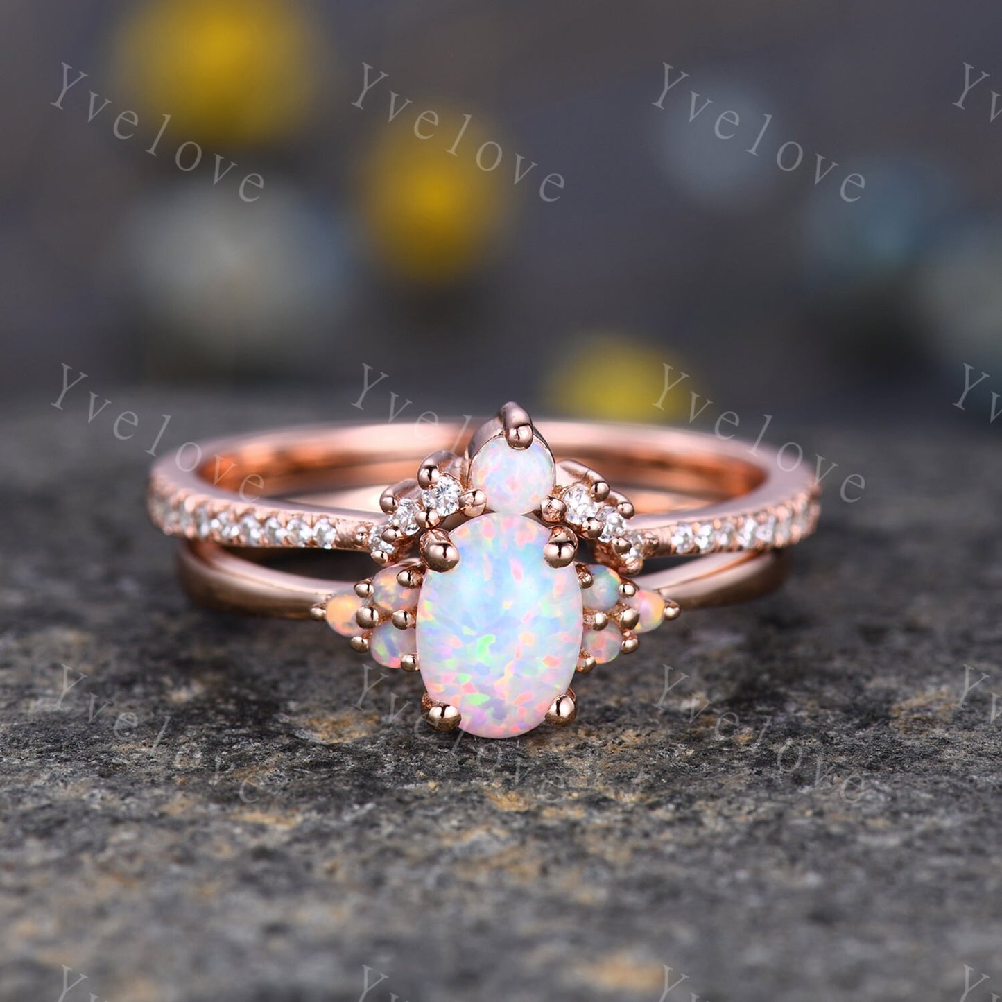 White Opal Stacking Band,Opal Wedding Ring, Curved Matching Band, Dainty Opal Ring,White Opal and Diamond Ring, 14K Rose Gold Opal Ring Set