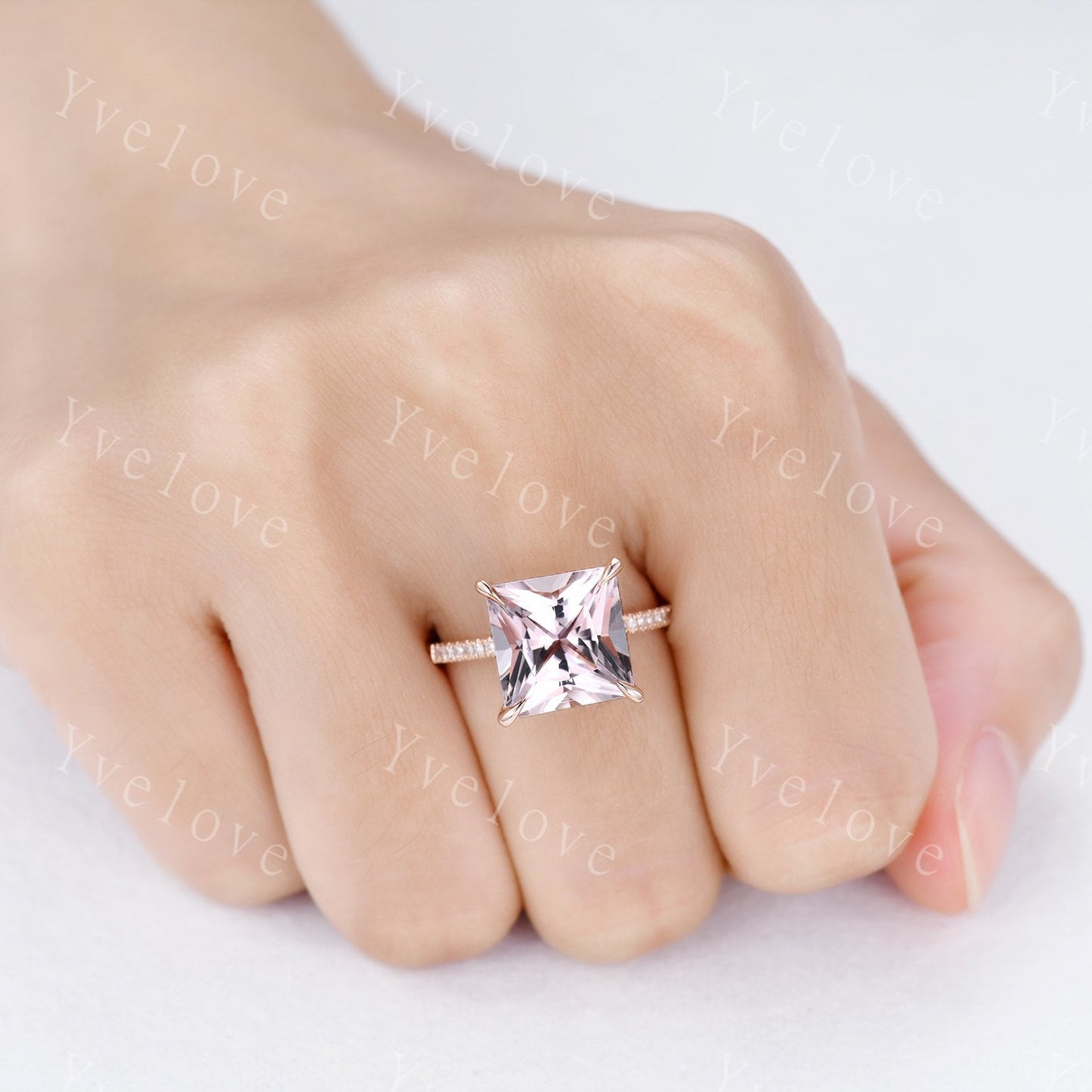 Morganite ring rose gold engagement ring diamond thin band 10mm princess cut big morganite natural vs stone 14k ring anniversary gift