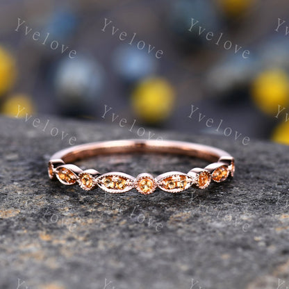 Natural citrine wedding band 14k rose gold art deco half eternity ring IF citrine matching band milgrain style anniversary ring customized