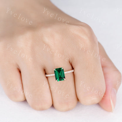 Emerald engagement ring 6x8mm emerald-cut lab created emerald ring real diamond wedding band diamond setting 14k rose gold birthstone ring