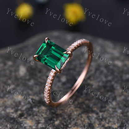 Emerald engagement ring 6x8mm emerald-cut lab created emerald ring real diamond wedding band diamond setting 14k rose gold birthstone ring