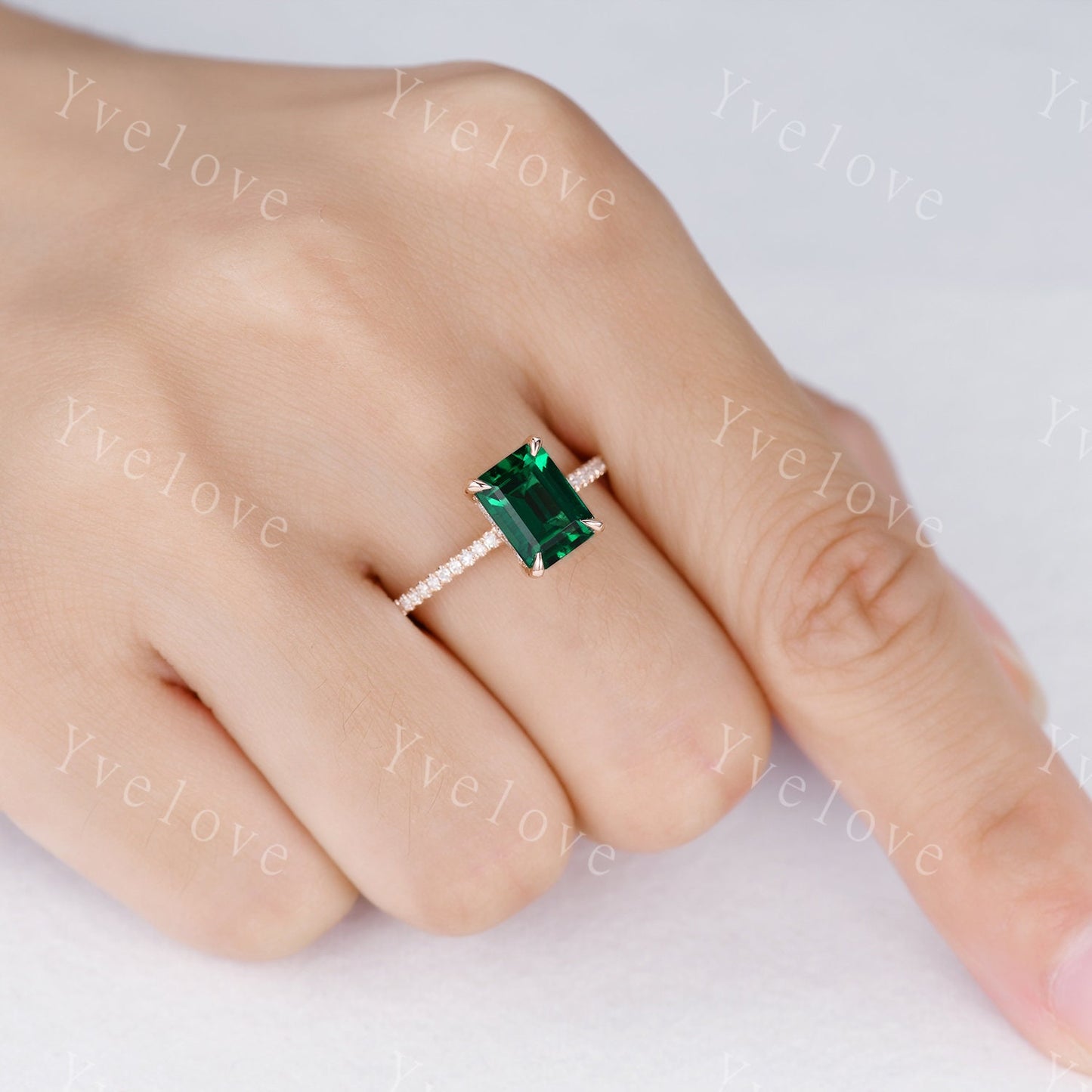 Emerald engagement ring 6x8mm emerald-cut lab created emerald ring real diamond wedding band diamond setting 14k rose gold birthstone ring