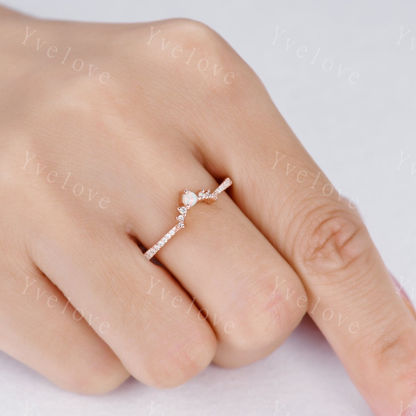 White Opal Stacking Band,Opal Wedding Ring, Curved Matching Band, Dainty Opal Ring,White Opal and Diamond Ring, 14K Rose Gold Opal Ring Set