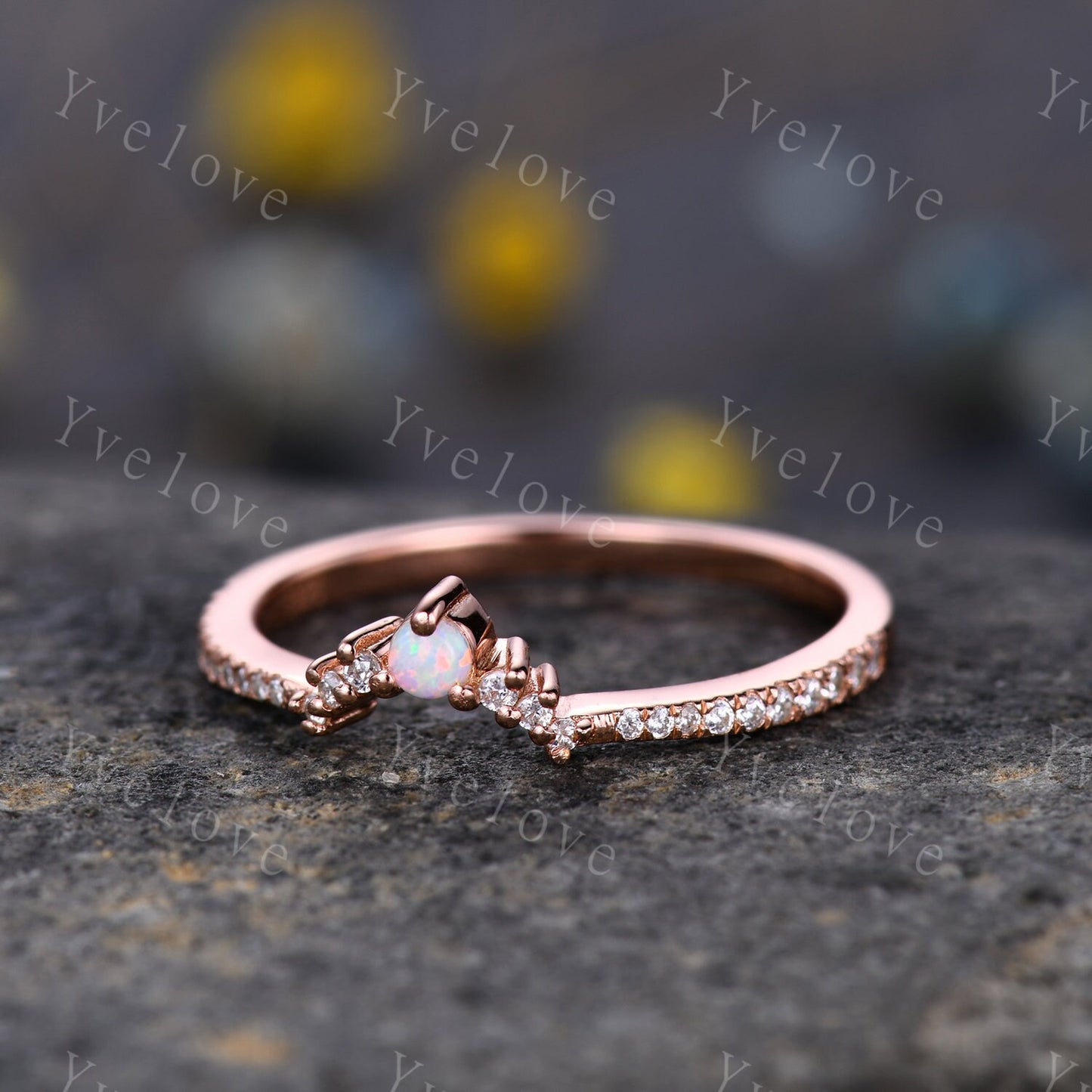 White Opal Stacking Band,Opal Wedding Ring, Curved Matching Band, Dainty Opal Ring,White Opal and Diamond Ring, 14K Rose Gold Opal Ring Set