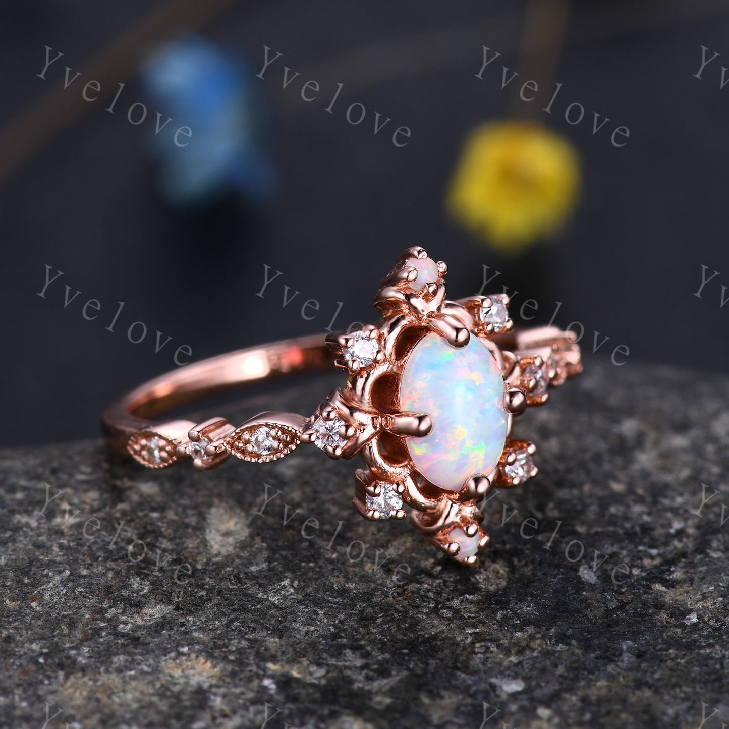 Vintage Opal Ring 14K Rose Gold Engagement Ring Promise Ring October Birthstone Diamond Ring Elegant Anniversary Birthday Gift For Mom Her