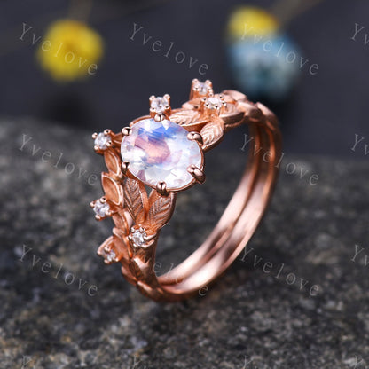 Rainbow Moonstone Engagement Ring Set Rose Gold Bridal Antique Floral Moonstone Diamond Ring Art Deco Curved Stacking Band  Birthday Gift