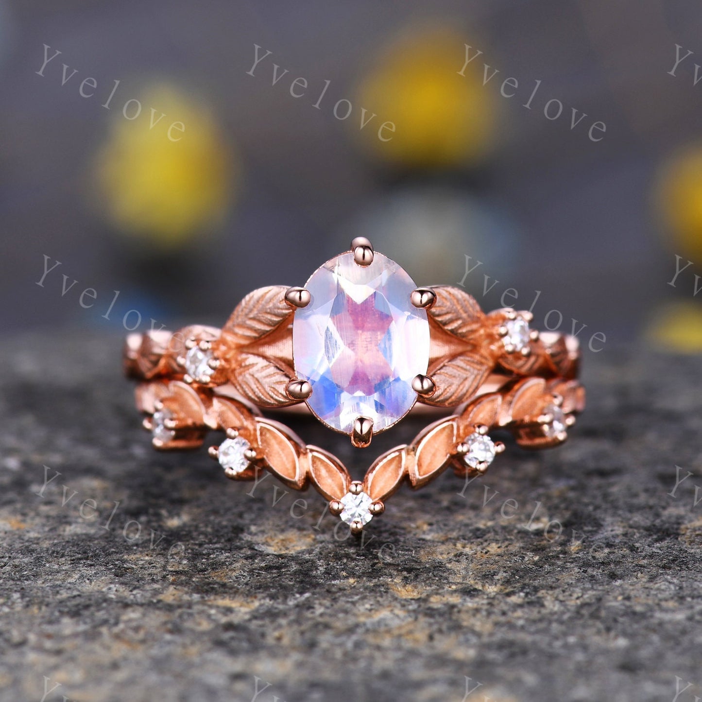 Rainbow Moonstone Engagement Ring Set Rose Gold Bridal Antique Floral Moonstone Diamond Ring Art Deco Curved Stacking Band  Birthday Gift