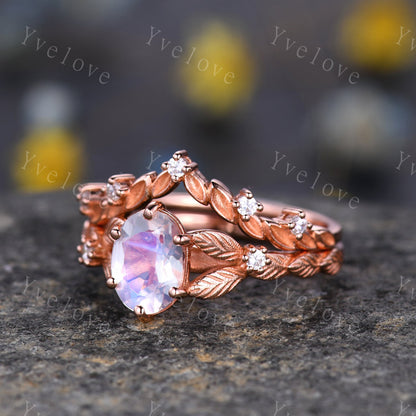 Rainbow Moonstone Engagement Ring Set Rose Gold Bridal Antique Floral Moonstone Diamond Ring Art Deco Curved Stacking Band  Birthday Gift