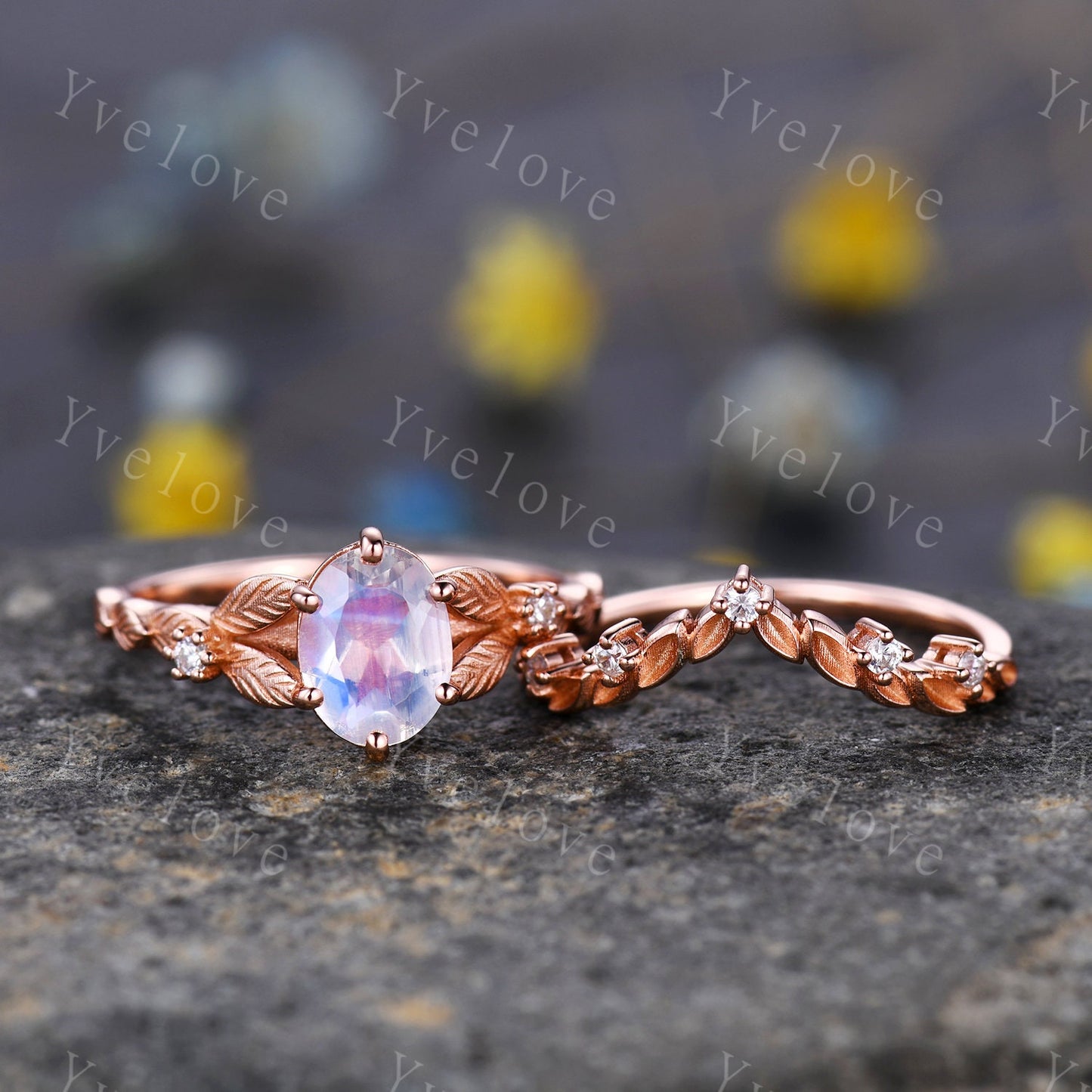 Rainbow Moonstone Engagement Ring Set Rose Gold Bridal Antique Floral Moonstone Diamond Ring Art Deco Curved Stacking Band  Birthday Gift