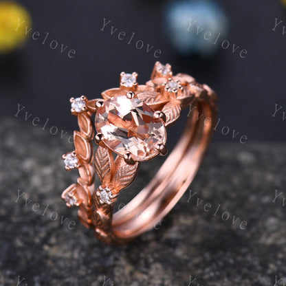 Oval Morganite Engagement Ring Set Art Deco Morganite Engagement Ring Vintage Floral Wedding Rings Antique Bridal Promise Ring Gift for her