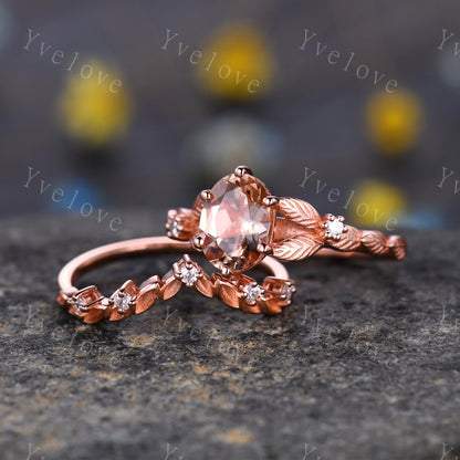 Oval Morganite Engagement Ring Set Art Deco Morganite Engagement Ring Vintage Floral Wedding Rings Antique Bridal Promise Ring Gift for her