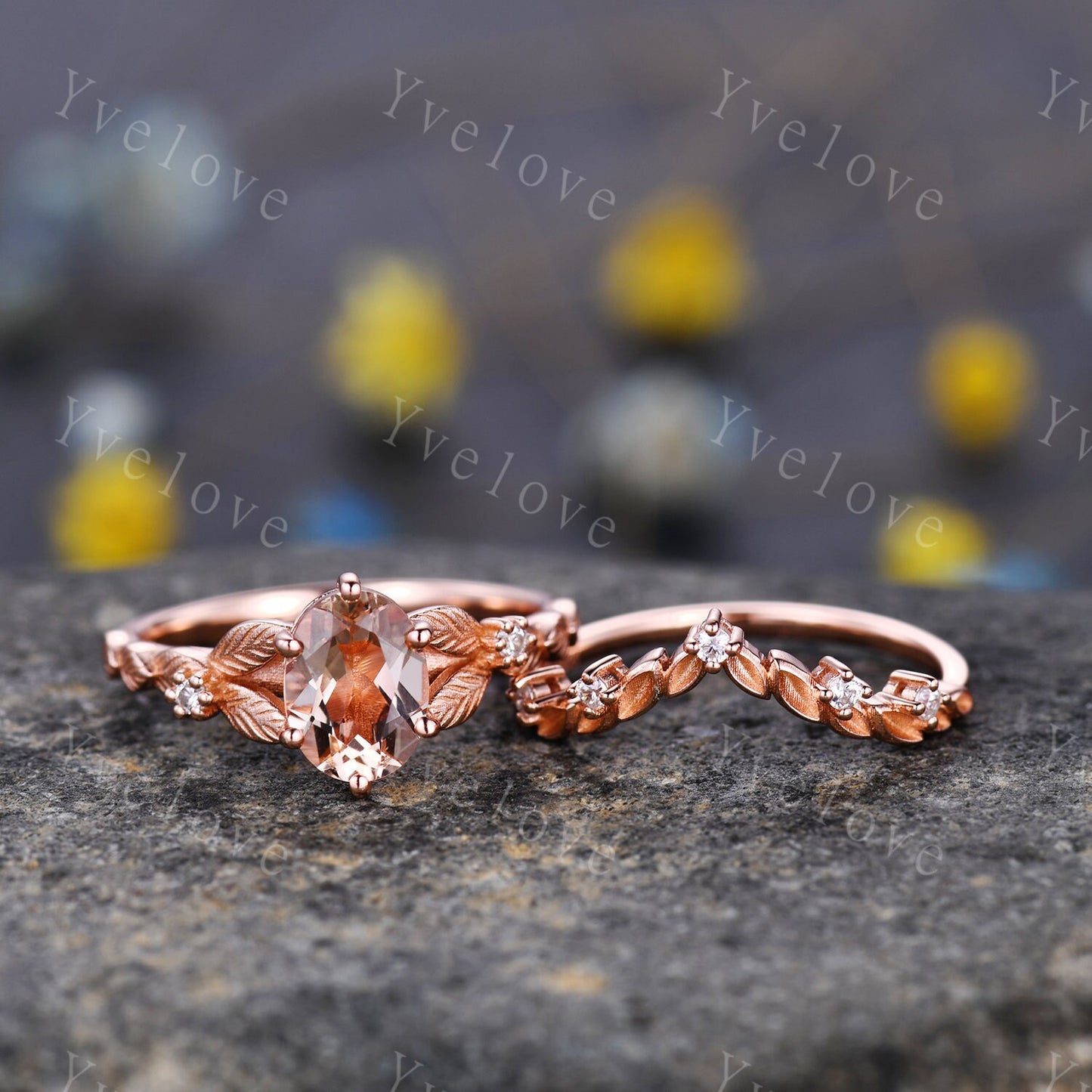 Oval Morganite Engagement Ring Set Art Deco Morganite Engagement Ring Vintage Floral Wedding Rings Antique Bridal Promise Ring Gift for her