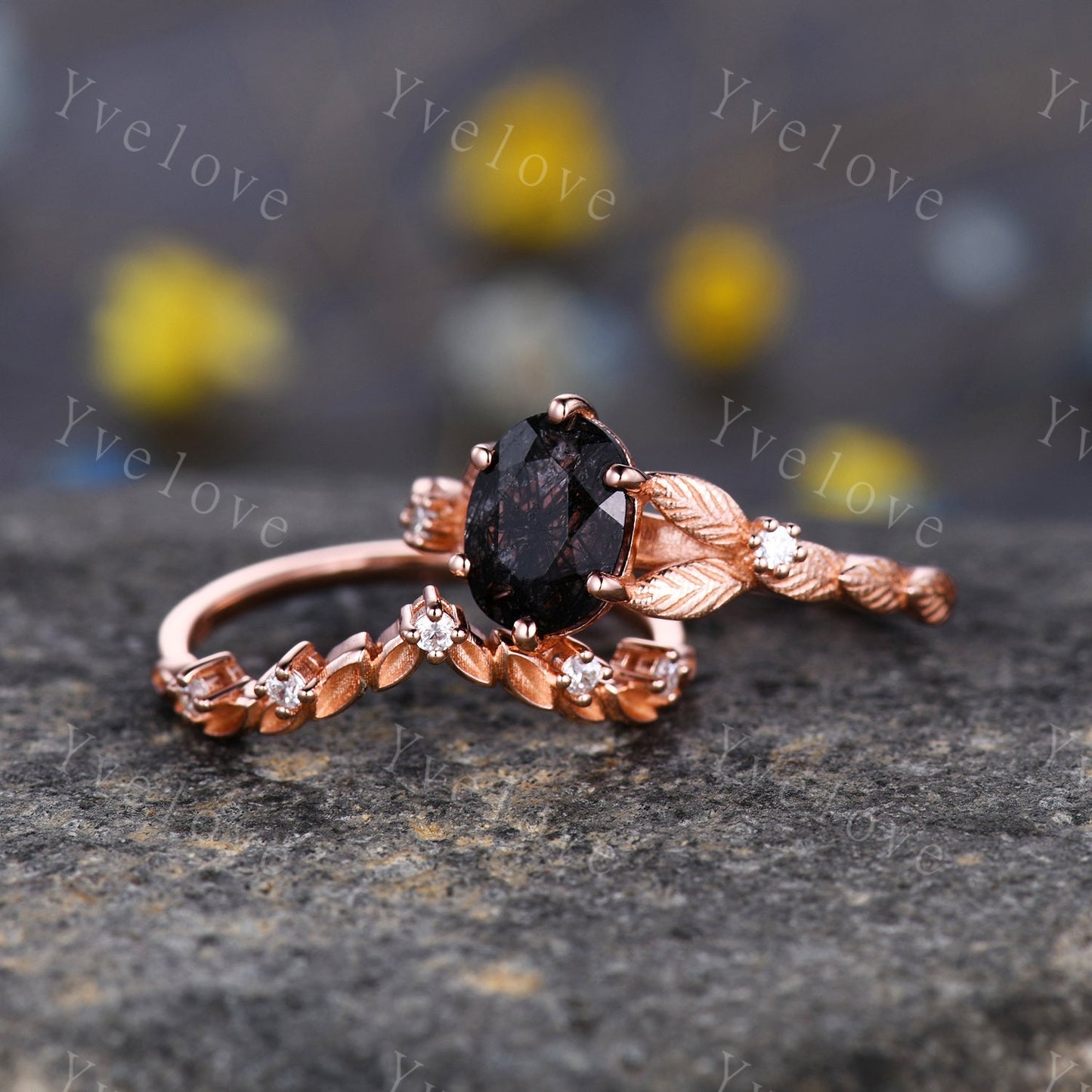 Vintage black rutilated quartz engagement ring 14k rose gold kite cut ring art deco moissanite ring for women unique bridal wedding ring set