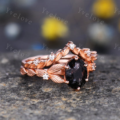 Vintage black rutilated quartz engagement ring 14k rose gold kite cut ring art deco moissanite ring for women unique bridal wedding ring set