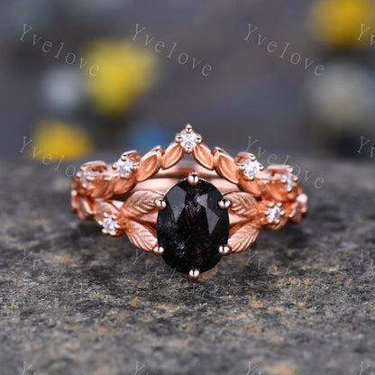 Vintage black rutilated quartz engagement ring 14k rose gold kite cut ring art deco moissanite ring for women unique bridal wedding ring set