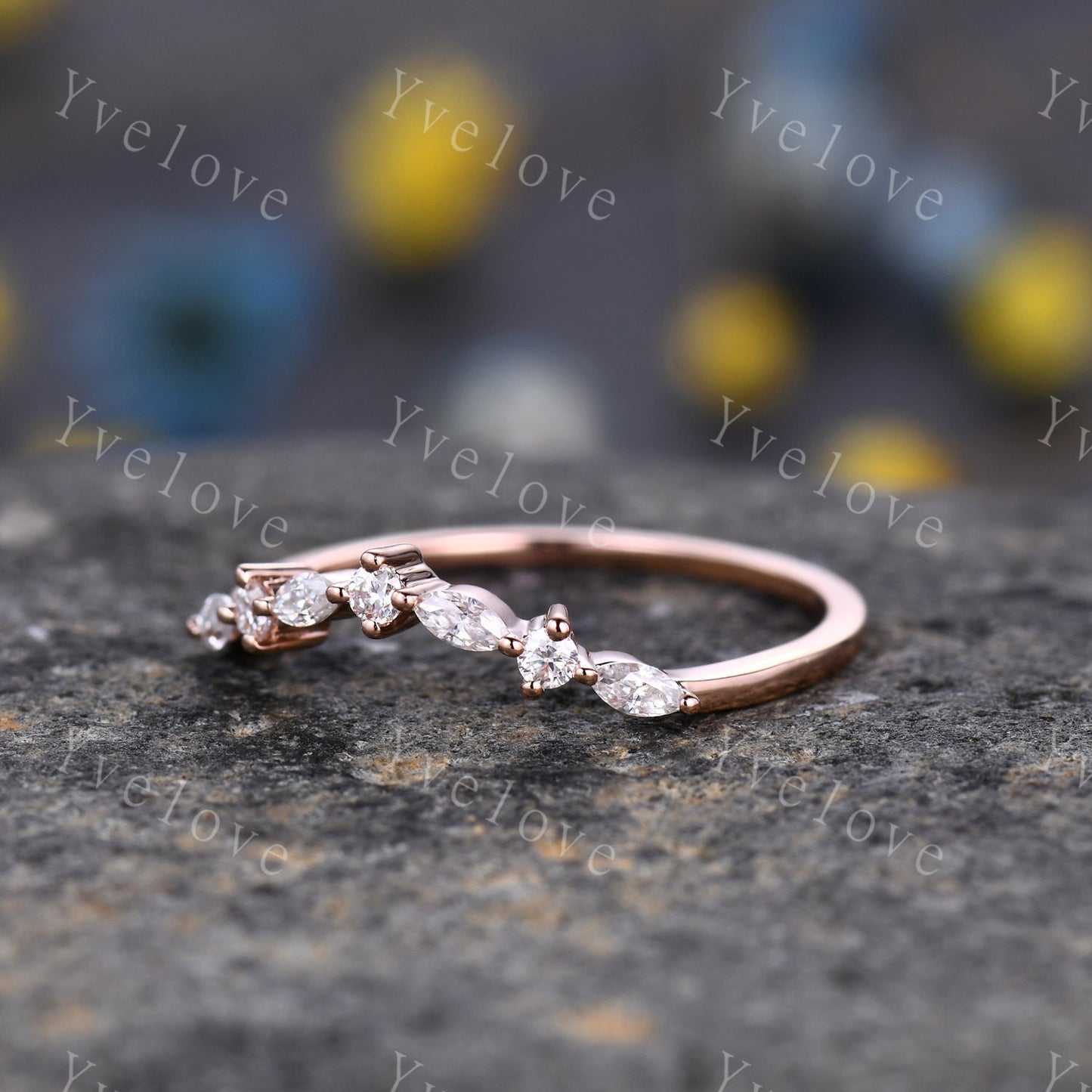 Danity Curved shape stacking band real diamond wedding band 14k rose gold art deco marquise matching band forever classical stone customized