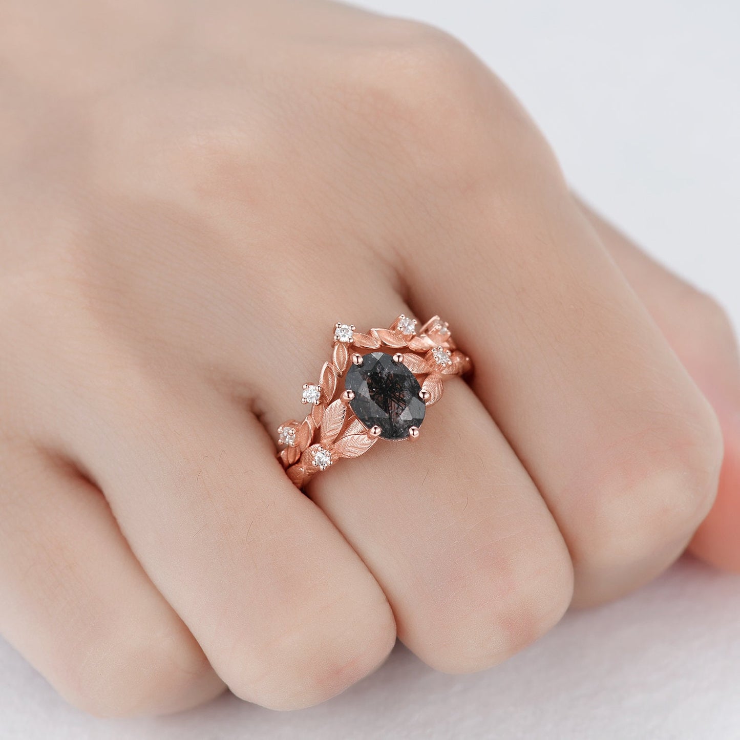 Vintage black rutilated quartz engagement ring 14k rose gold kite cut ring art deco moissanite ring for women unique bridal wedding ring set