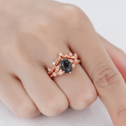 Vintage black rutilated quartz engagement ring 14k rose gold kite cut ring art deco moissanite ring for women unique bridal wedding ring set