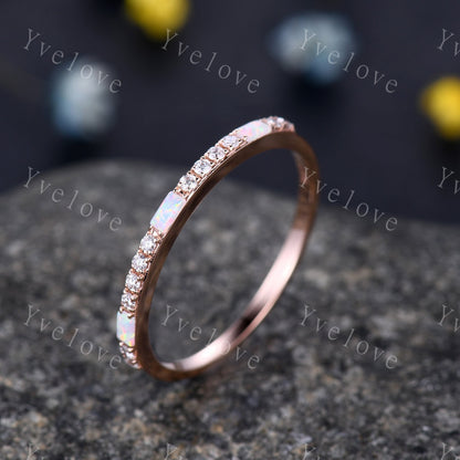 Baguette Shaped White Fire Opal Diamond Wedding Ring 14k Yellow Gold Band 1.5mm Pave Band Half Eternity Band Stacking Ring Anniversary Gift