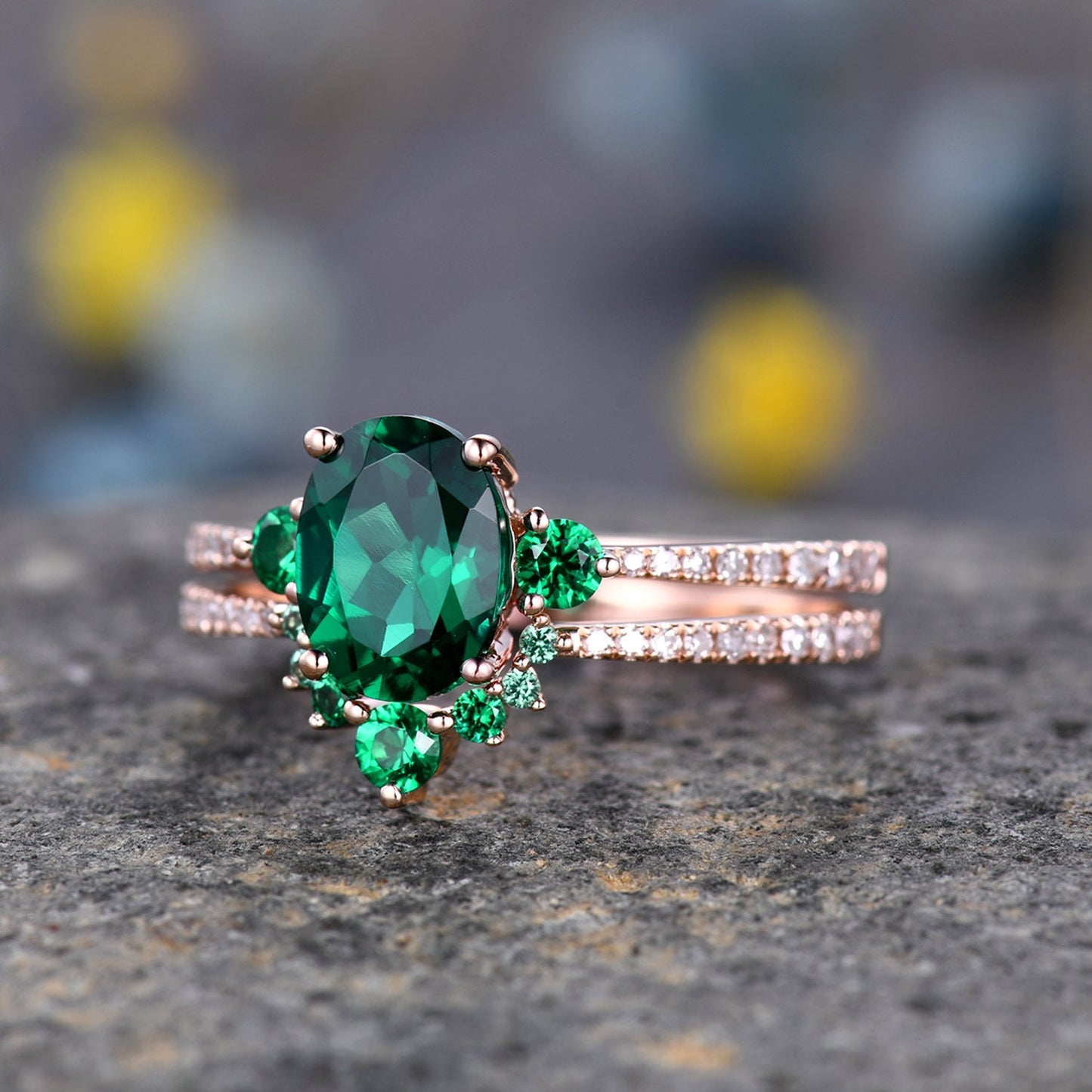 Oval Emerald Engagement Ring Set Chevron Crown Wedding Ring 14K 18K Art Deco Micro Pave Birthstone Gift Promise Wedding Ring Half Eternity