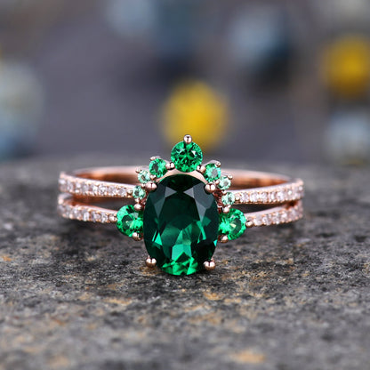 Oval Emerald Engagement Ring Set Chevron Crown Wedding Ring 14K 18K Art Deco Micro Pave Birthstone Gift Promise Wedding Ring Half Eternity