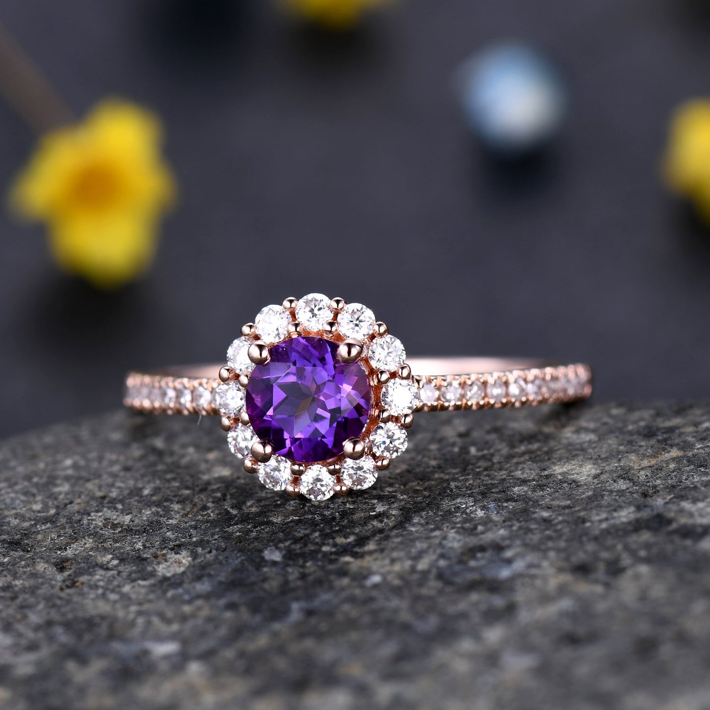 5mm round amethyst engagement ring  14k rose gold floral moissanite halo half eternity diamond band anniversary ring February Birthstone