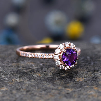 5mm round amethyst engagement ring  14k rose gold floral moissanite halo half eternity diamond band anniversary ring February Birthstone