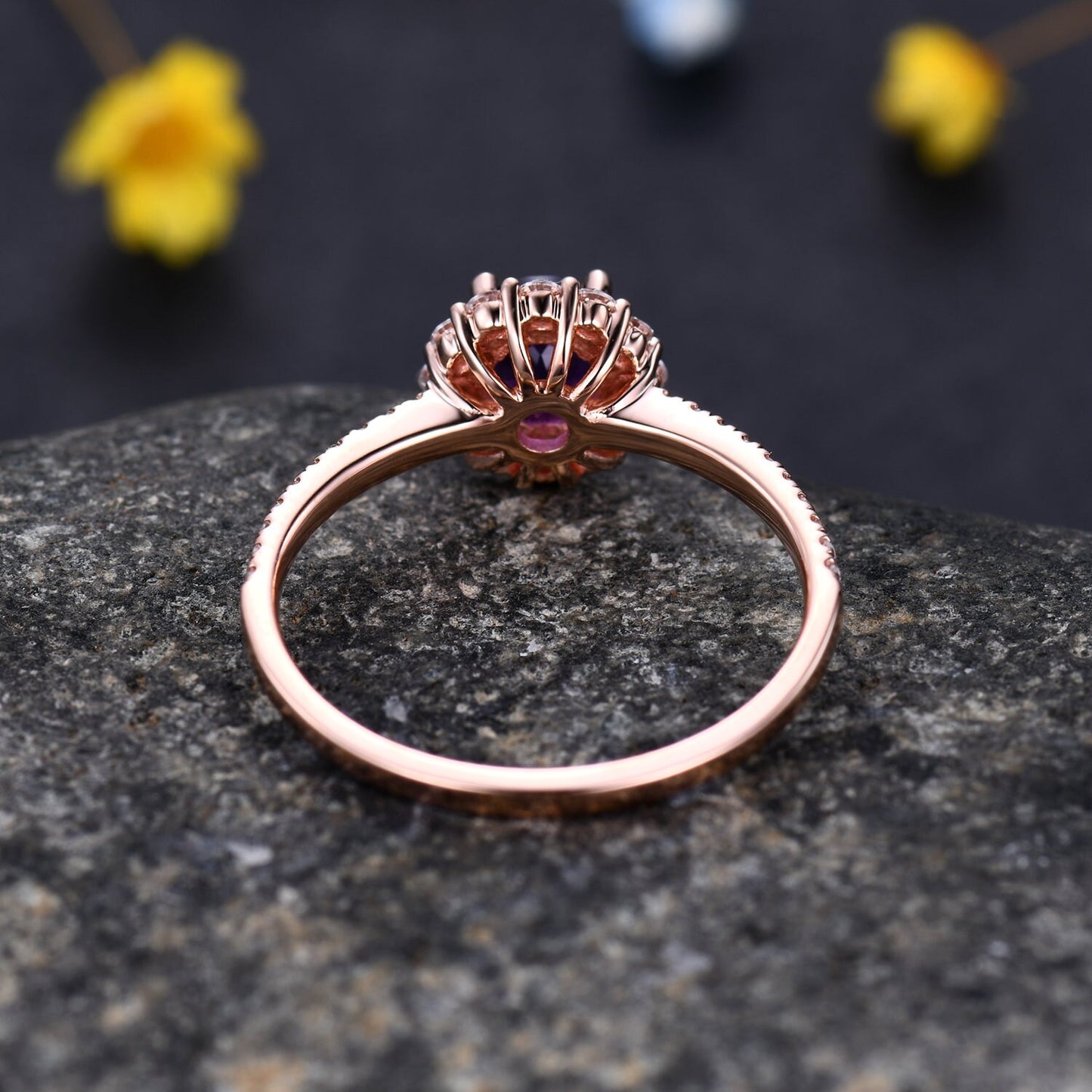 5mm round amethyst engagement ring  14k rose gold floral moissanite halo half eternity diamond band anniversary ring February Birthstone