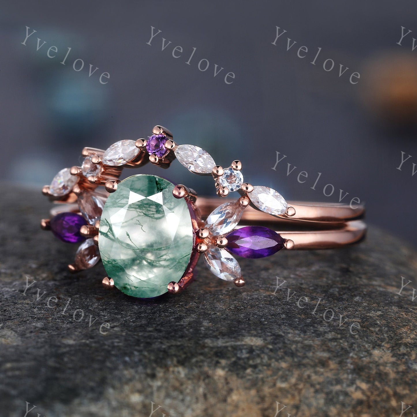 Vintage Moss Agate engagement ring set Pear shaped women rose gold marquise amethyst engagement ring unique curved wedding band Bridal ring