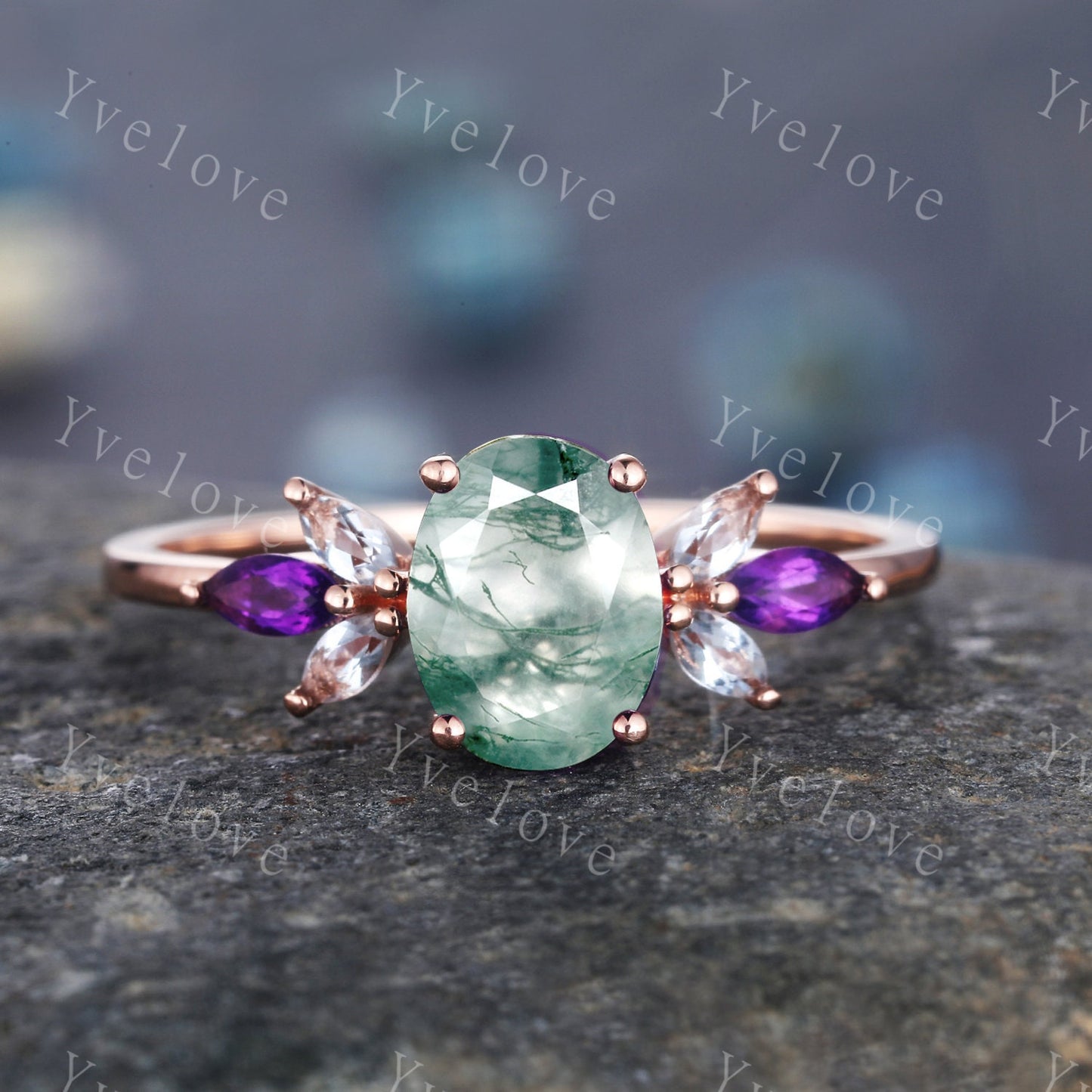 Vintage Moss Agate engagement ring set Pear shaped women rose gold marquise amethyst engagement ring unique curved wedding band Bridal ring