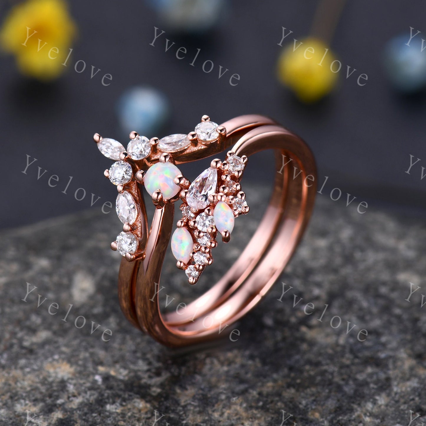 Opal Diamond Wedding Ring Set Rose Gold Unique Floral Band Marquise Cut Opal & Diamond/Moissanite Bridal Promise Jewelry Anniversary For her