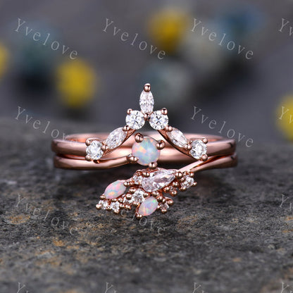 Opal Diamond Wedding Ring Set Rose Gold Unique Floral Band Marquise Cut Opal & Diamond/Moissanite Bridal Promise Jewelry Anniversary For her