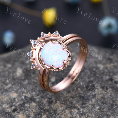 Oval Fire Opal Engagement Ring Set Chevron Alexandrite Crown Wedding Ring 14K /18K Art Deco Micro Pave Birthstone Gift Promise Wedding Ring